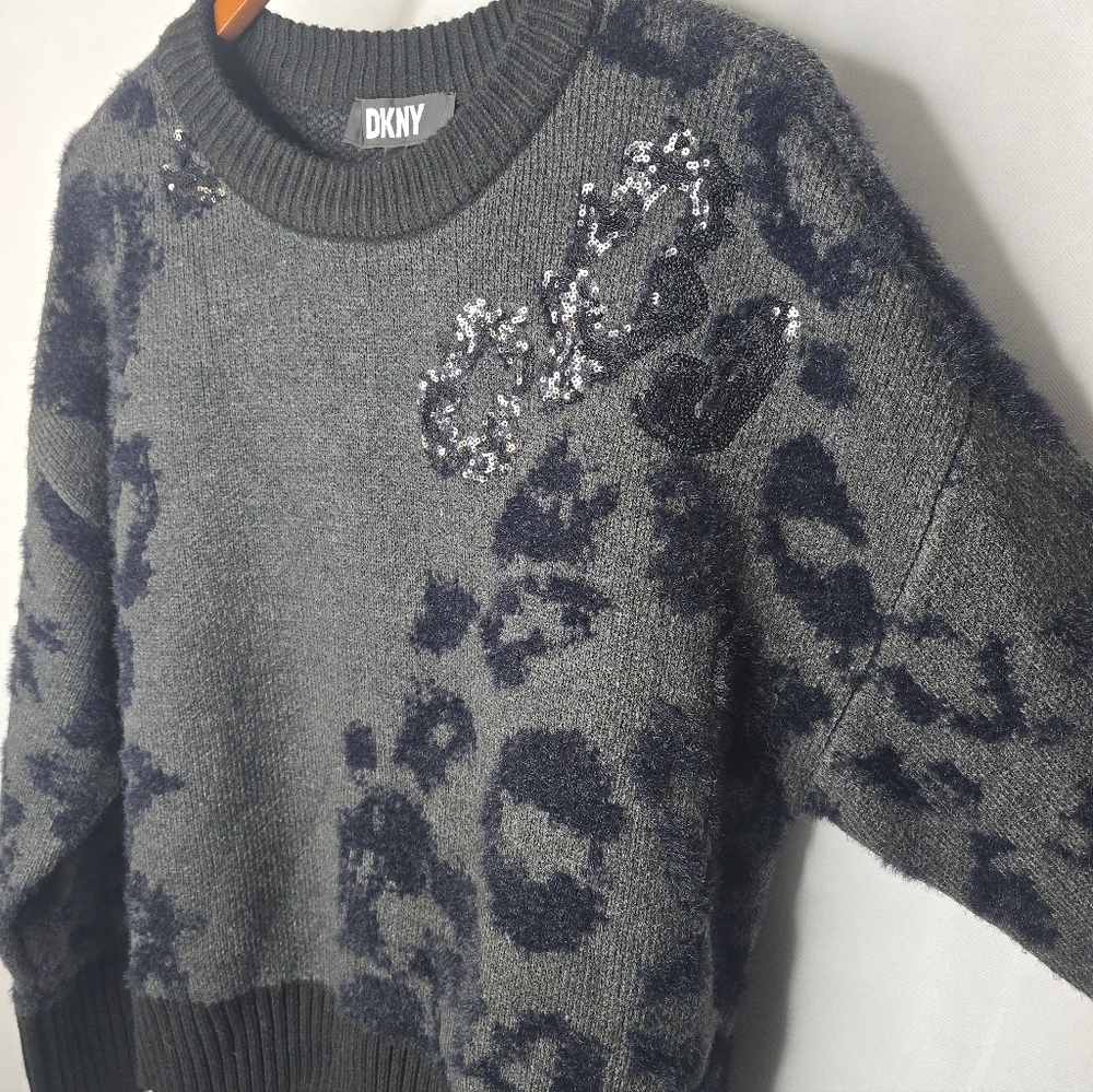 DKNY Sequin Sweater Gray Black Leopard Print Fuzzy Knit Long Sleeve Relaxed L - Picture 5 of 14